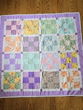 Handmade Patchwork Quilt - Pastel Floral & Lavender 37.5"×37.5"
